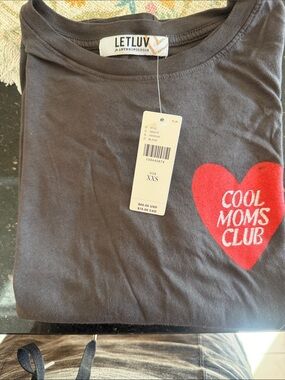 Anthropologie LETLUV Black Tee with Red Heart "Cool Moms Club" Graphic